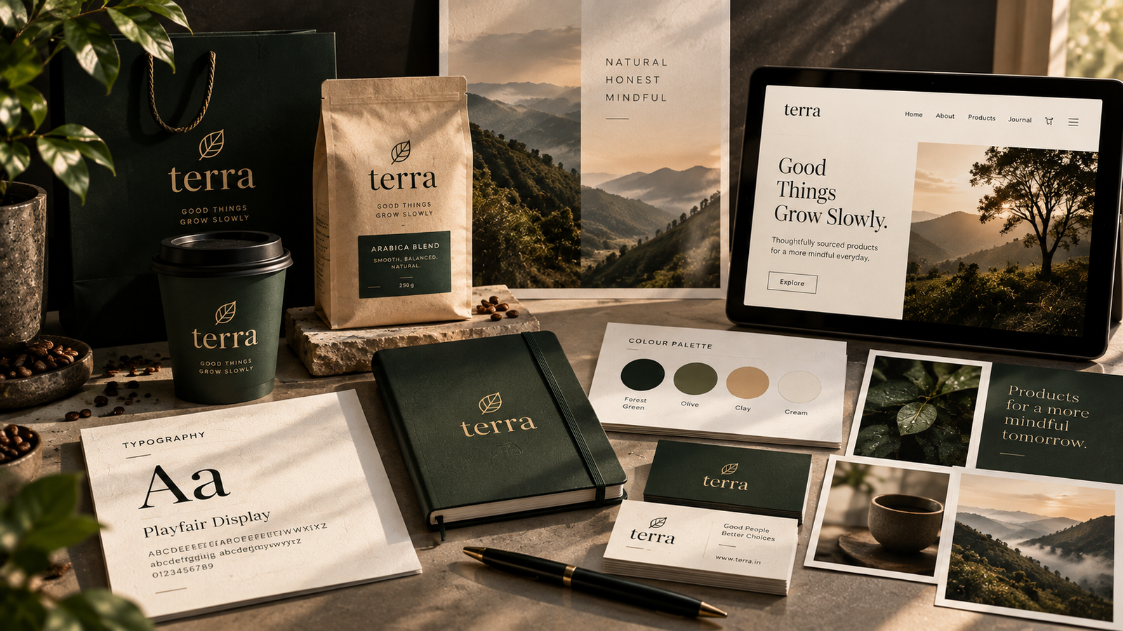 Distinctive brand assets including logo, typography, colour palette and packaging