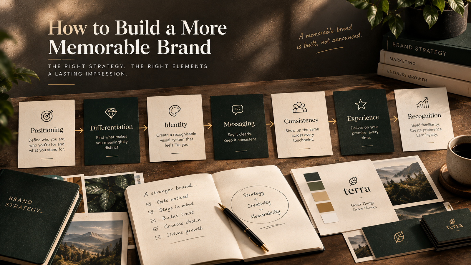 Brand strategy process connecting positioning, differentiation, identity and customer experience